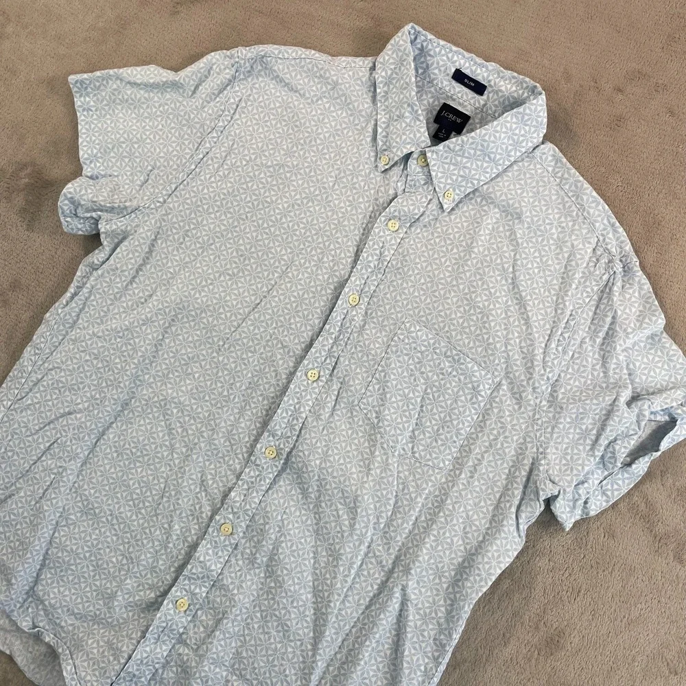 J Crew Slim Fit Shirt‎ Men Large Blue Geo Print AOP Line Blend Short Sleeve NWOT